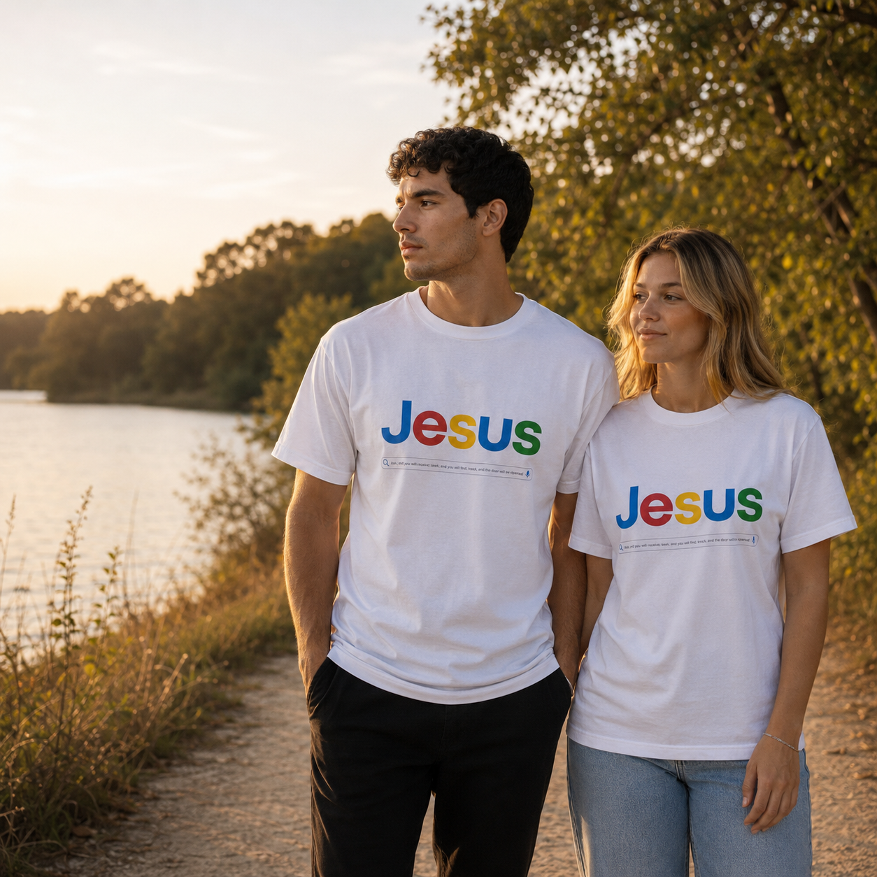 Couple wearing Christian apparel outdoors by a lake